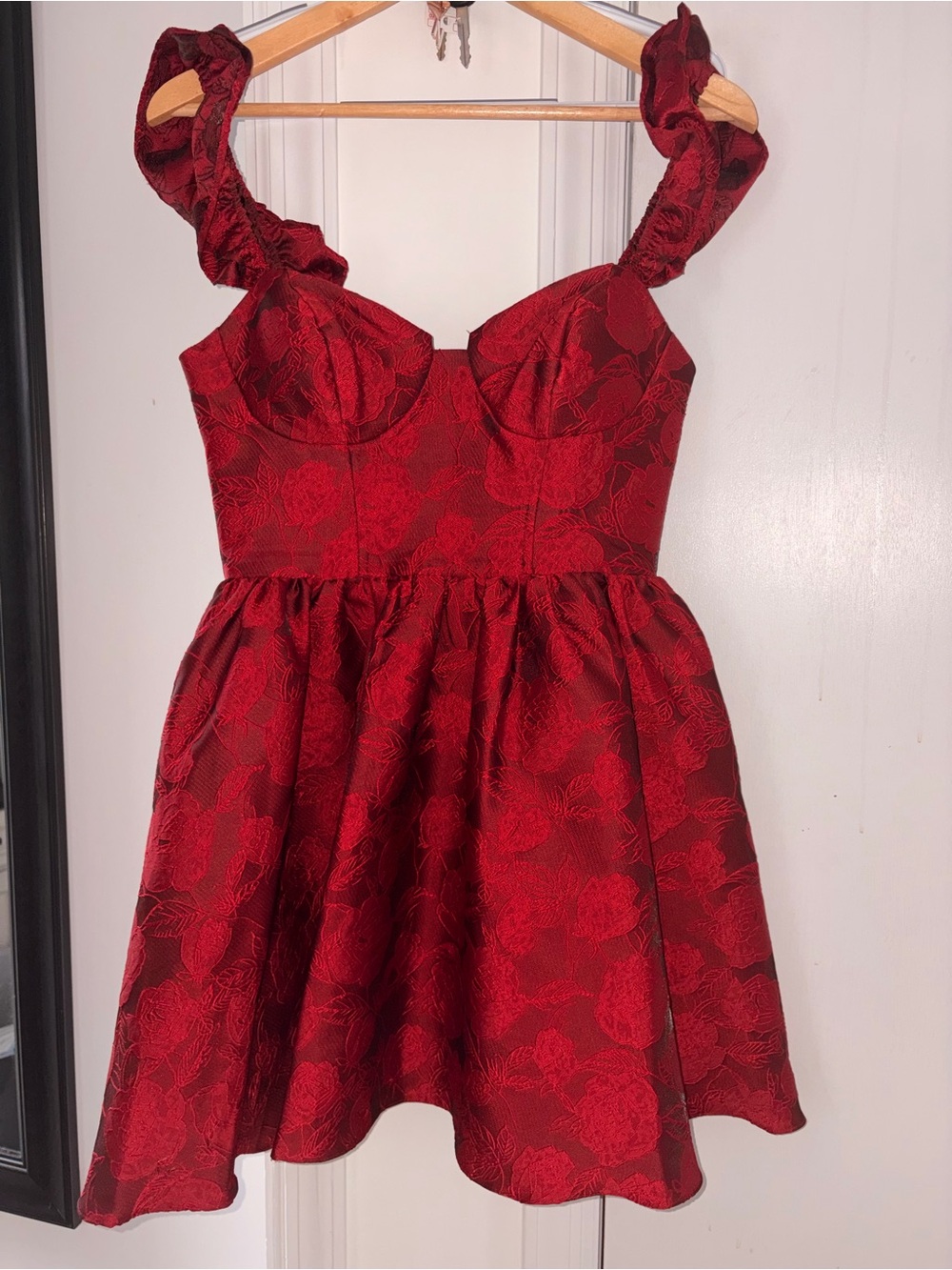 B Darlin Red Floral Jacquard Fit-and-Flare Dress